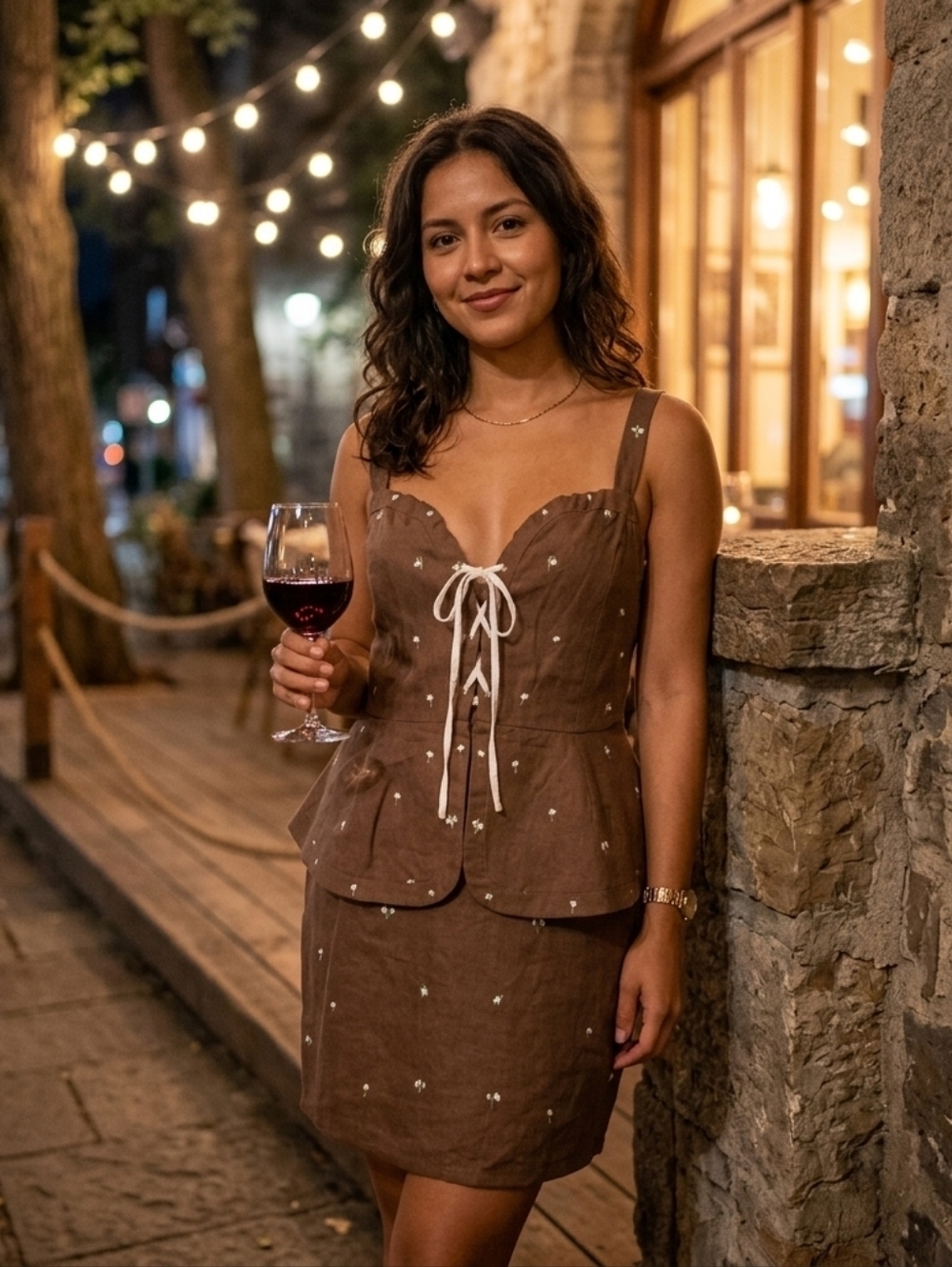 Fanm Mon Helaina Brown Floral Embroidered Sheath Peplum Mini Dress SZ L - NWT